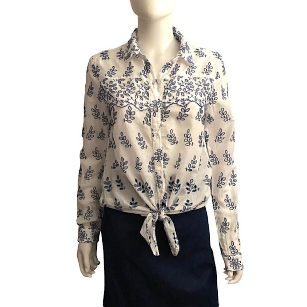 Eze Sur Mer White & Blue Front Tie Eyelet Top XSmall